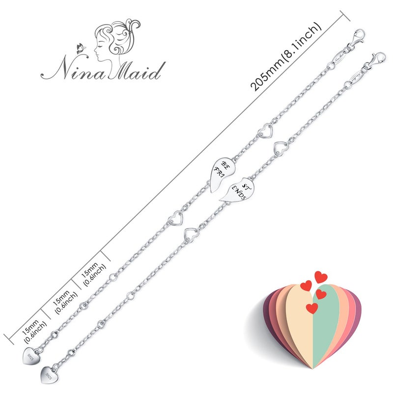NINAMAID â€œBEST FRIENDSâ€ Engraved 925 Sterling Silver Half Heart Shaped Inspirational Friendship Bracelets Set of 2 - Image 2